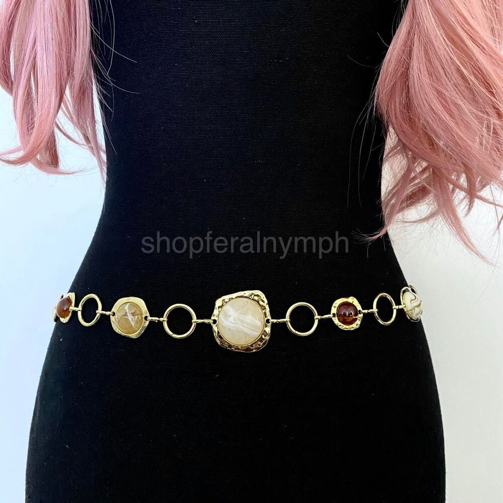Gold Y2K Marbled Stone Open Ring Waist Chain Belt, Fits 24.5-43 Inches, X7GA1296